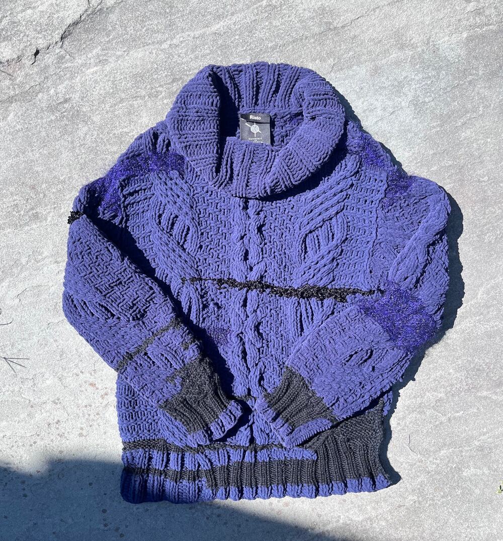 Risto Bimbiloski Hand Knit Cowl Sweater Purple Wool Mohair Runway Avant Garde S